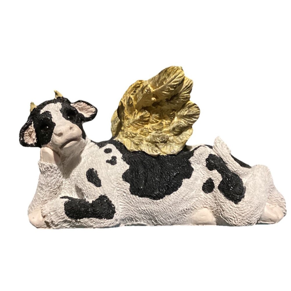 Stone Critters Holstein HOLY COW SC-889 Black & White With Gold Angel Wings